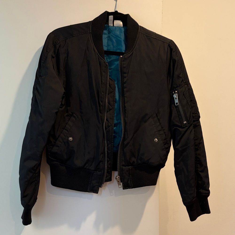 Black Bomber Jacket with Teal Lining Size S